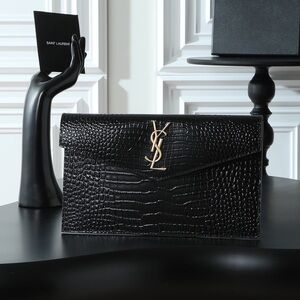 Saint Laurent Black Croc-Embossed Leather Envelope Clutch with Gold YSL Logo